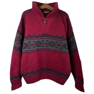 Christiania Pullover Size Medium QuarterZip Sweater Pure Wool Knit Red Geometric